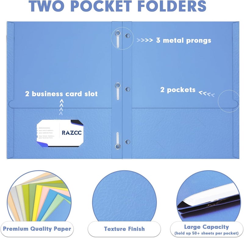 RAZCC Two Pocket Folders, 100 Pack Two Pocket Folders with Prongs, 3 Prong Folders Fit Letter Size Paper, Pocket Paper File Folders for School Office Home Business, Assorted 10 Colors - Image 3
